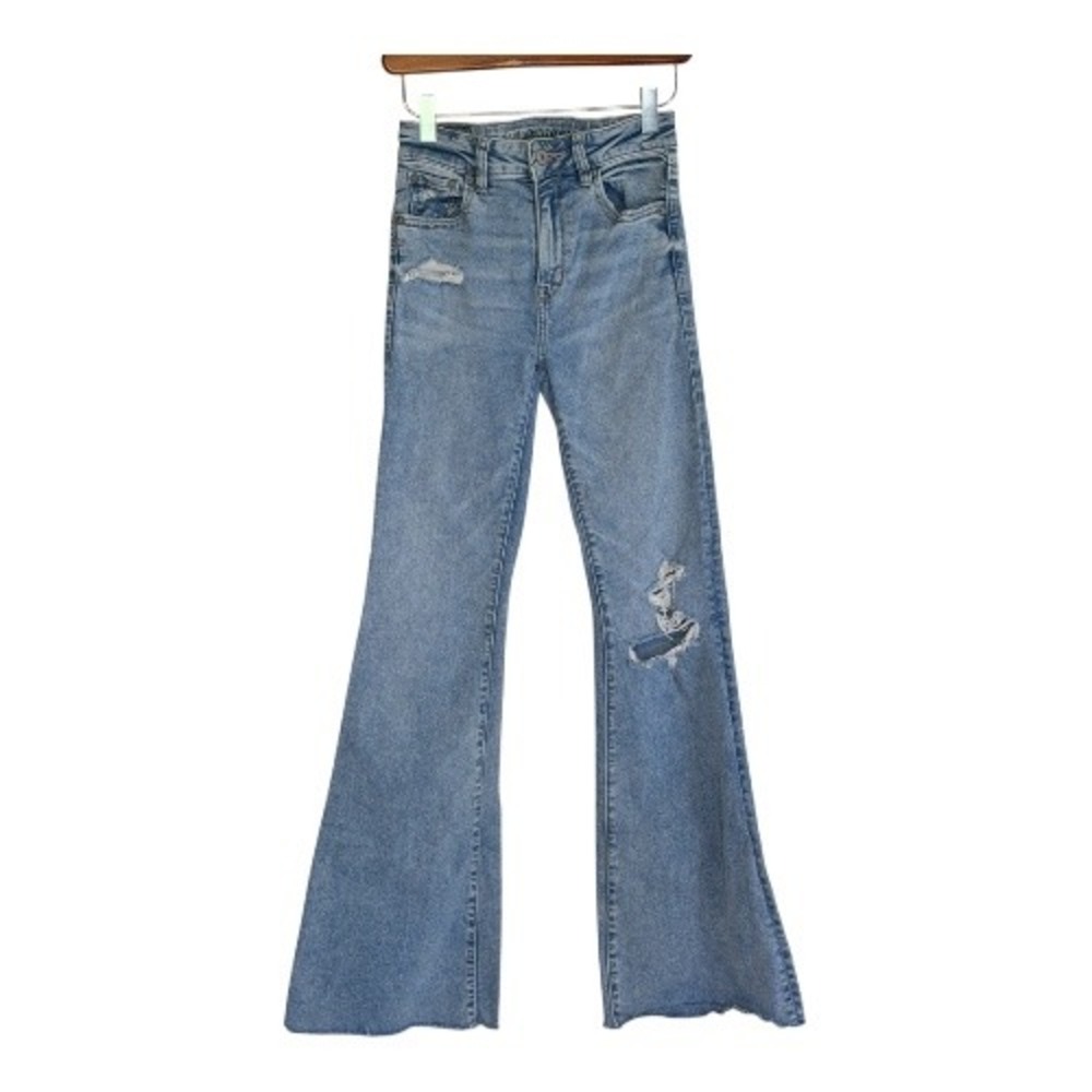 American Eagle Flare Jeans Women 0 Blue Distressed High Rise‎ Next Level Stretch